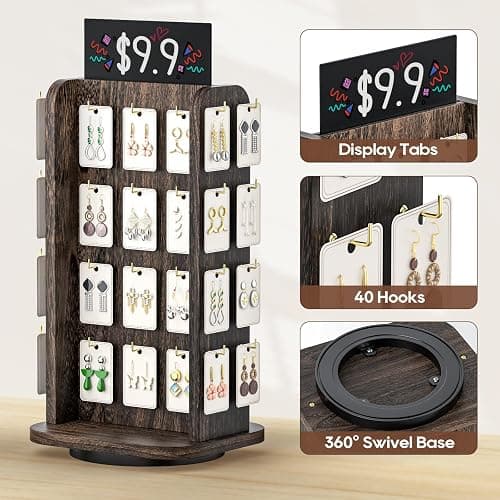 ORLESS Earring Display for Vendors, 40 Hooks Rotating Jewelry Display Stand for Selling, Necklace Display Stands Earring Cards for Selling Bracelets, Jewelry Towers (Black) thumbnail 4