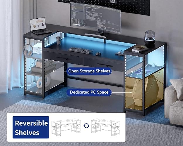 Pamray 58 Inch Gaming Computer Desk with Monitor Stand Drawers and Shelves | Ample Storage， Large Table with LED Lights & Power Outlets & USB Ports, Sturdy, Suitable for Gaming Home Office Work Study thumbnail 4