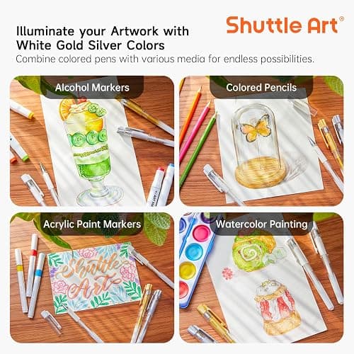 Shuttle Art White Gold Silver Gel Pens, 6 Pack 0.7mm, 1.0mm Metallic Gel Ink Pens Fine Point for Black Paper Highlighting Card Making Scrapbooking Coloring Writing Drawing School Office Home thumbnail 7