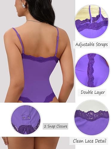 Starrylion Lace Body Suit Square Neck Tops for Women Sleeveless Spaghetti Strap Tank Top Bodysuits for Women Sexy Jumpsuit thumbnail 5