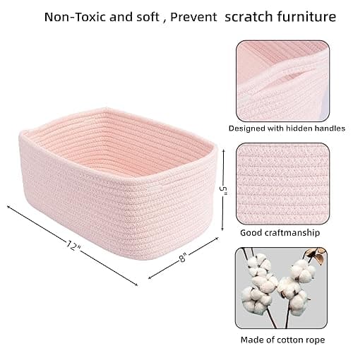 XUANGUO Small Woven Storage Baskets 12“X8”X5“ Decorative Rope Bins for Organizing Shelves, Closets, and Toys, Empty Gift Baskets, Cute Organizer Basket for Home and Office (pink, regular) - pink - regular thumbnail 3