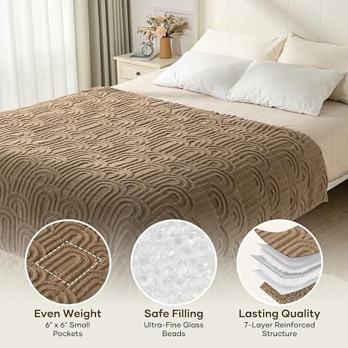 Cottonblue Jacquard Weighted Blanket for Adults 15 lbs Queen Size, Cozy Fluffy Sherpa Fleece Weighted Throw Blankets 60" x 80" for Sleep Relax, Fuzzy Warm Arch Heavy Blanket Soft for Bed Couch, Khaki thumbnail 4