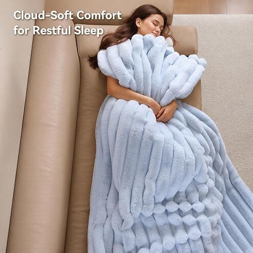 Smoofy Light Blue Fluffy Faux Rabbit Fur Striped Blanket 60"x80", 870GSM | Super Soft & Cozy Comfort Blanket, Luxury Fuzzy Fleece Throw, Perfect Home Decor For Sofa & Couch, Great Gift for Women thumbnail 2