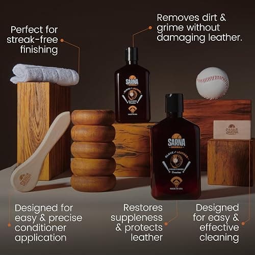 Sarna Glove Conditioner Kit – Includes Cleaner, Soft & Hard Brushes, Microfiber Cloth – Non-Darkening Leather Conditioner for Baseball Gloves, Mitts & Softball Gear – Pro-Grade Care for Longevity thumbnail 4