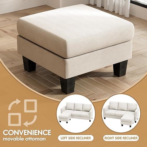 VICTONE Convertible Sectional Sofa Couch, 3 Seat L-Shaped Sofa with Linen Fabric Ottoman Small Couch for Small Apartments, Living Room and Office (Linen Fabric, White) thumbnail 7