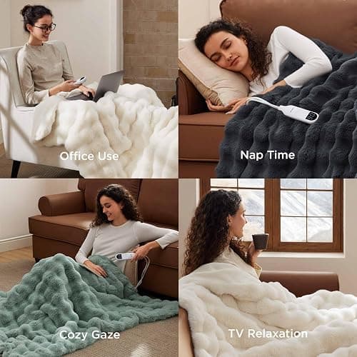 Bedsure Fluffy Bubble Faux Fur Heated Blanket Throw - Super Soft Electric Blanket, Heating with 6 Heating Levels, 4 Time Settings, 3-Hour Auto-Off, Decor Gifts for Home, White, 50x60 inches thumbnail 7