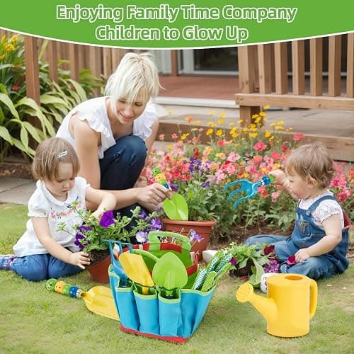 FITNATE Green Kids Garden Tools Set,6 PCS Gardening Tools for Kids Including Watering Can, Shovel, Rake, Fork, Children Gardening Gloves and Garden Tote Bag, All in One Set - Caterpillar thumbnail 2