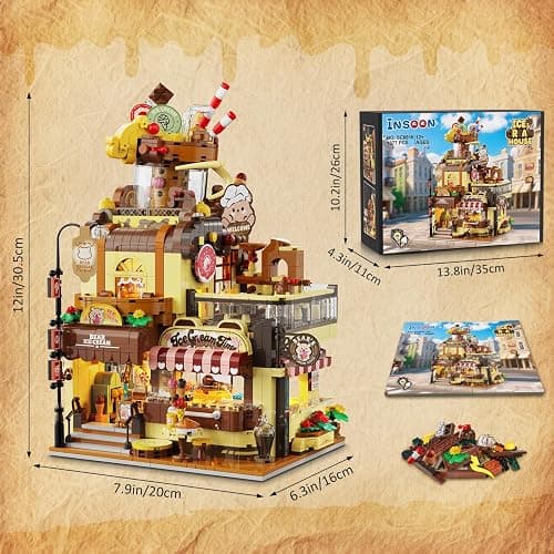 INSOON City Ice Cream House Building Set with Lights, 1377 PCS Dessert Shop Building Block Toy with Chocolate Sundae Cone, Sweet Workshop Construction Model for Adults Teens Kids Boys Girls Ages 12+ thumbnail 3