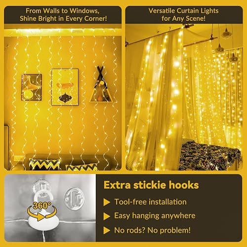 HXWEIYE 300LED Fairy Curtain Lights, 9.8x9.8Ft Warm White USB Plug in 8 Modes Christmas String Hanging Lights with Remote for Bedroom, Indoor, Outdoor, Weddings, Party - Warm White - 300L-Silver Copper Wire thumbnail 2
