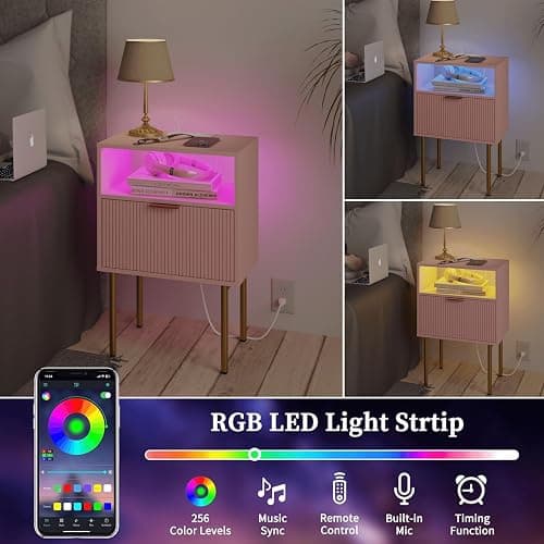 JOONEE Modern Nightstand with Charging Station and LED Lights, White Bedside Table with Drawer, Fluted Side Table for Living Room, Bedroom thumbnail 5