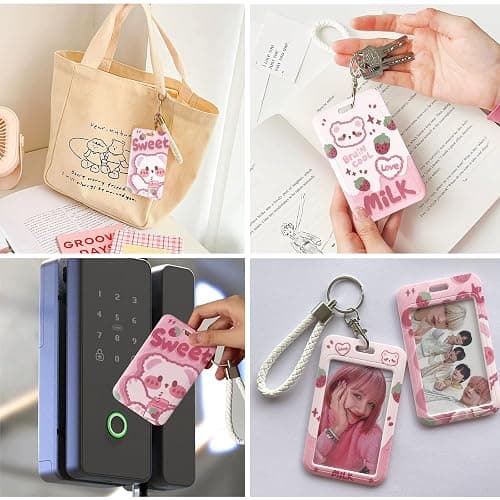FGISAR 2 Pcs Photocard Holder Keychain Cute Bear Strawberry ID Badge Holder with Keychain Badge Reel Stationery for Back to School Student Bus Card Pendant Keychain (Pink) thumbnail 4