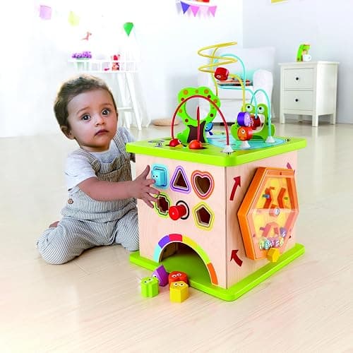 Hape Country Critters Play Cube| Wooden Learning Puzzle Toy for Toddlers, 5-Sided Activity Centre with Animal Friends, Shapes, Mazes, Wooden Balls, Shape Sorter Blocks and More thumbnail 6