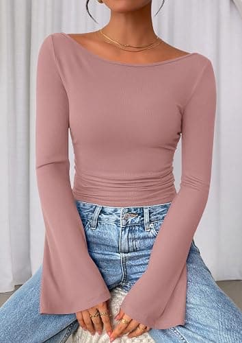 PRETTYGARDEN Women's Long Sleeve Shirts 2025 Fall Crop Going Out Tops Casual Boat Neck Bell Sleeve Ribbed Ruched Y2K Clothes thumbnail 5