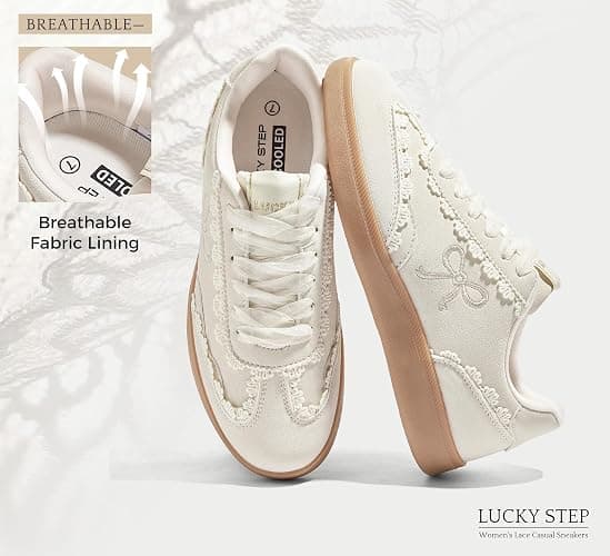 LUCKY STEP Women's Lace Detail Sneakers Organza Ribbon | Casual Cute Shoes Lace-Up Gum Sole Vintage Trendy Fashion Tennis Shoes thumbnail 6
