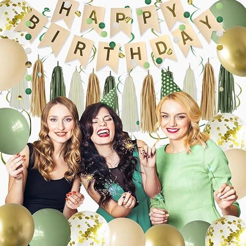 Green Birthday Party Decorations for Women Girls with Happy Birthday Banner,Tissue Paper Pompoms, Paper Tassel,Circle Garland,Hanging Swirl,Decorations Balloons for Party Decor (sage green) thumbnail 5