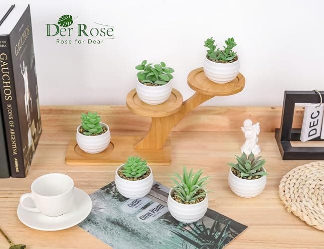 Der Rose Set of 6 Succulents Plants Artificial in Pots Small Fake Plants for Bedroom Aesthetic Living Room Office Shelf Bathroom Decor - White Pots-6 Green thumbnail 5