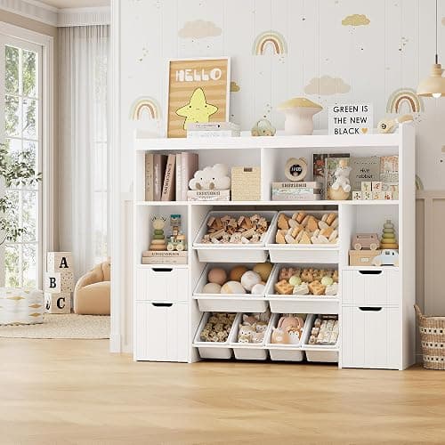 HORSTORS 55" W Toy Storage Organizer with Drawers, Large Kids Toy Storage Box with Removable Bins, Tall Kids Bookshelf and Bookcase for Boys and Girls, Modern Toy Chest for Playroom, Classroom, White thumbnail 2