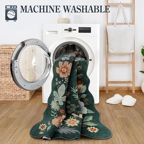 Lahome Floral Green Rugs for Entryway, 2X3 Washable Kitchen Rugs Non Slip Soft Rug, Ultra-Thin Indoor Door Mat Boho Small Throw Carpet for Bathroom Bedroom Flore (2x3ft, Dark Green) thumbnail 4