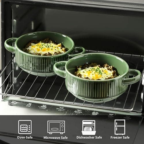 Howise Soup Bowls with Handles, 23 oz French Onion Soup Crocks, Stackable Soup Bowl Oven Safe for Chili, Beef Stew, Embossment Ceramic Bowl Set - 5.4 Inch, Set of 4 (Green) thumbnail 5