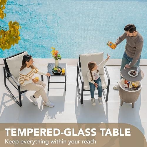 Devoko 3 Piece Rocking Bistro Set Wicker Patio Outdoor Furniture Porch Chairs Conversation Sets with Glass Coffee Table (Beige) thumbnail 5
