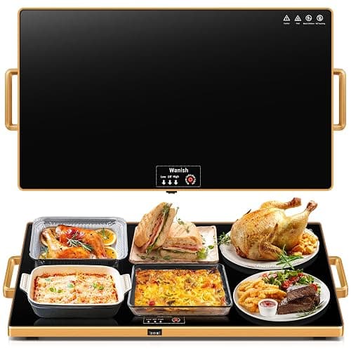 Electric Warming Tray (XXL 32”x18”)，Food Warmers for Parties Buffet with Thermostat & Full Surface Heating, Tempered Glass Warming Mat for Food, Temperature Adjustable Gold Handles Food Warming Mat - Image 1
