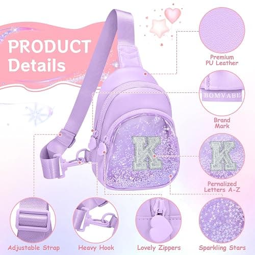 Bomvabe Glitter Initial Sling Bag for Tween Girls with Adjustable Strap 24"-41", Birthday Gift Trendy Stuff for 6-14 Years Old Girls, Personalized Crossbody Bag for Kids, Purple with Letter K thumbnail 3