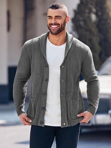 Runcati Men's Shawl Collar Cardigan Sweater Multi-Color Button Down Knitted Sweaters with Pockets thumbnail 2