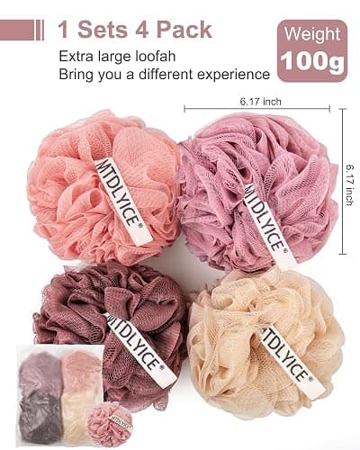 MTDLYICE Loofah Sponge, XXL Large Loofah 100g 4 Pack, Bath Sponge Soft Mesh Shower for Men, Body Scrub, Shower Pouf Bath Accessories, for Body Wash, Soap (Red Soil) thumbnail 3