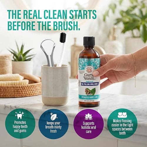GuruNanda CocoMint Oil Pulling Mouthwash for Complete Oral Hygiene, 7 Essential Oils & Vitamins for Happy Teeth & Gums & Fresh Breath, with Toothbrush & Tongue Scraper, Alcohol-Free, 8 oz thumbnail 7