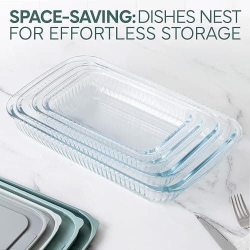 COOK WITH COLOR 8-Piece Deep Glass Baking Dish Set with Plastic Lids – Casserole and Food Storage Containers for Lasagna, Leftovers – Freezer-to-Oven, Microwave & Dishwasher Safe, Fluted Sage thumbnail 4