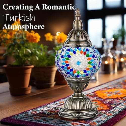 Marrakech Turkish Mosaic Lamp Stained Glass Table Lamp with Tiffany Style | Handmade Moroccan Table Lamp with Bronze Base, Decorative Accent Vintage Lamp for Living Room Bedroom Including LED Bulb thumbnail 2