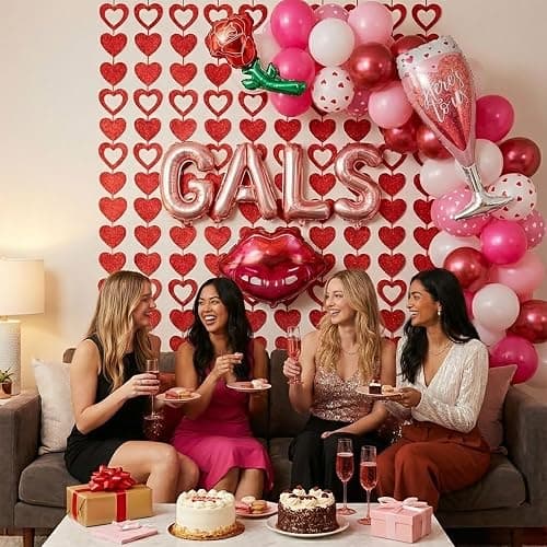 Galentines Day Party Decorations hot pink and pink Balloon Arch Garland Kit with GALS letter Wine glass rose lips Balloons for Galentines Day Party Valentines Lady Nignt Birthday Party Supplies thumbnail 4
