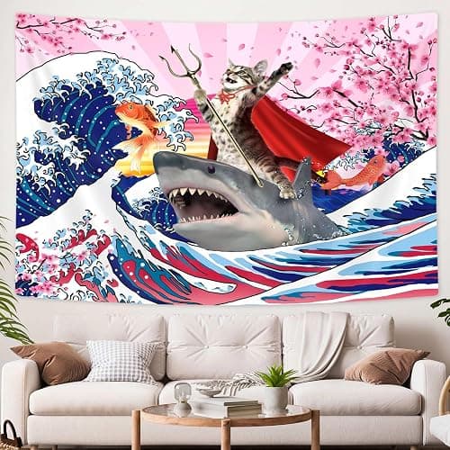 SAOLUIS Fun Cat Tapestry, Cute Cat Wall Art Tapestry Ocean Wave Theme Funny Tapestries for Kids, Japanese Style Wall Art for Bedroom Living Room Decor 60X40 Inch thumbnail 6
