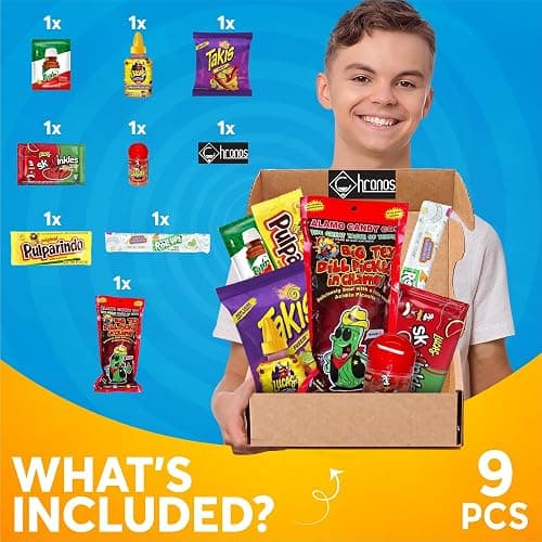 Chamoy Pickle Kit by CHRONOS 9 Piece Kit includes Alamo Big Tex Chamoy pickle, Skwinkles Watermelon Flavor, Lucas Gusano (tamarind), Lucas Polvos (chamoy), Tajin Packet, Fruit Roll Up, Tamarind Pulp Candy, Takis Fuego and Chronos Magnet thumbnail 2