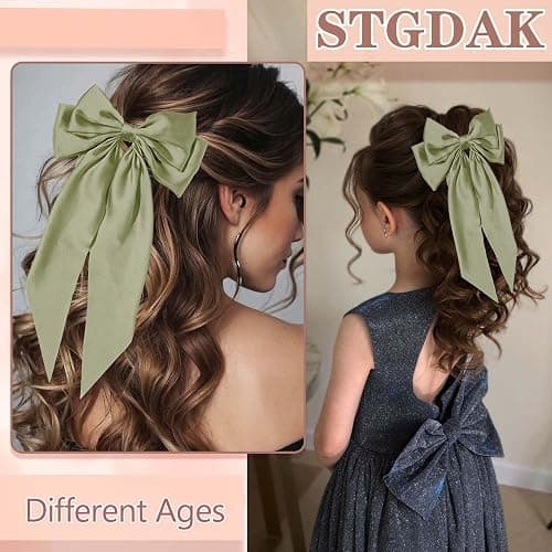 STGDAK Hair Bow Clips Elegant Bows Sage Green Bows Satin Ribbon Bow Large Bowknot Barrette Metal Clips St. Patrick's Day Hair Accessories For Women Girls Mardi Gras thumbnail 6