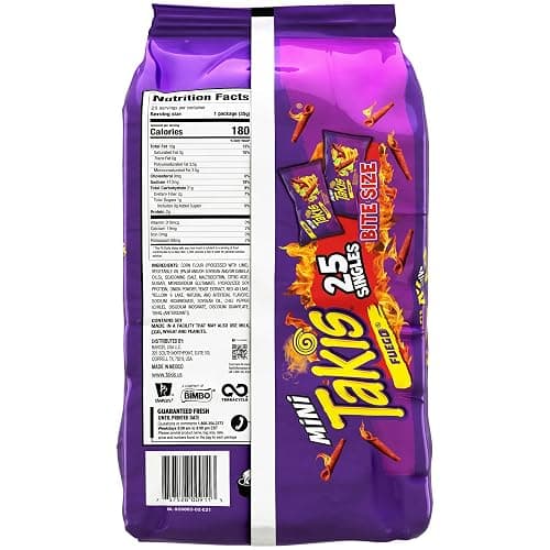 Takis Mini Rolled Tortilla Chips Multipack - Fuego, 25 Count / 1.23 oz | Bite size hot chili pepper & lime flavored rolled tortilla chips, 25 portable bags for lunches or sharing; extremely spicy thumbnail 2