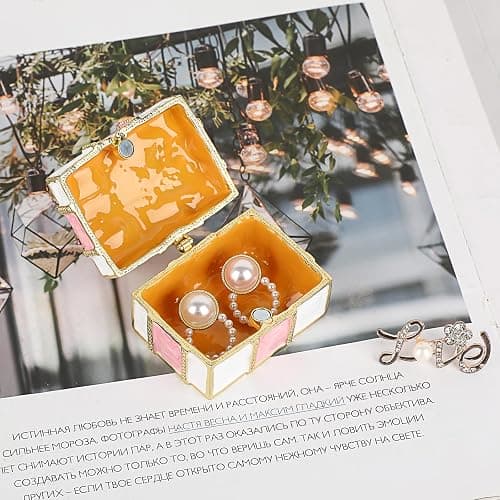 ❤️ELLDOO Mini Trinket Box, Bow-knot Gift Box Style Hinged Jewelry Box Vintage Metal Enameled Decorative Box Ring Earrings Jewelry Organizer Gift Box for Women Girls, Pink thumbnail 5