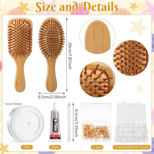Acellegic 12 Set DIY Wooden Hairbrush Kits Bulk Bamboo Pearl Starfish Crafts for Hair Brush Make Your Own Hand Stick Night Party Gift Wedding Birthday Supplies with Point Pen Glue Lace(Classic Style) thumbnail 2