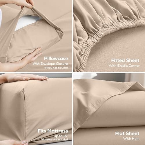 King Sheets Set, 4 Pieces 16" Deep Pocket Hotel Luxury Bed Sheets, Beige | Extra Soft Bedsheet Set, Comfy & Breathable Cooling Sheets, Wrinkle & Fade Resistant, Fitted Sheet, Flat Sheet, 2 Pillowcases thumbnail 3