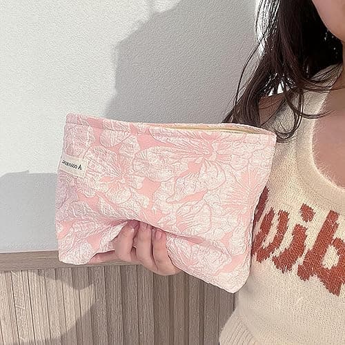 Sminra Makeup Bag Cosmetic bag Preppy Canvas Toiletry Bag for women Cute zipper pouch Organizer Travel accessories (Pink Big Flowers, Large) - Large - Pink Big Flowers thumbnail 5
