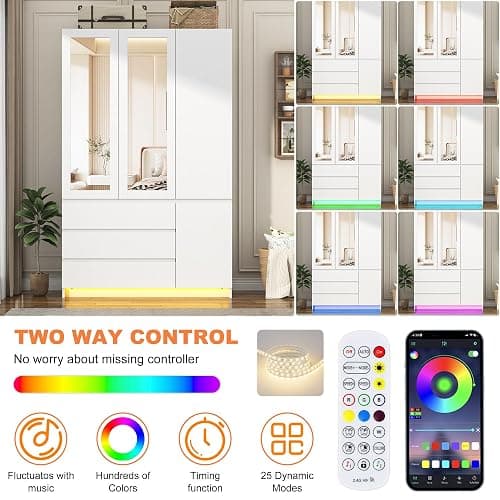 75"H Tall Modern 3 Doors Wooden Armoire Wardrobe Closet with 3 Drawers & 2 Mirror,Clothing Storage Cabinet with Hanging Rod,Bedroom Large Freestanding Armoires with Led Lights for Bedroom,White thumbnail 6