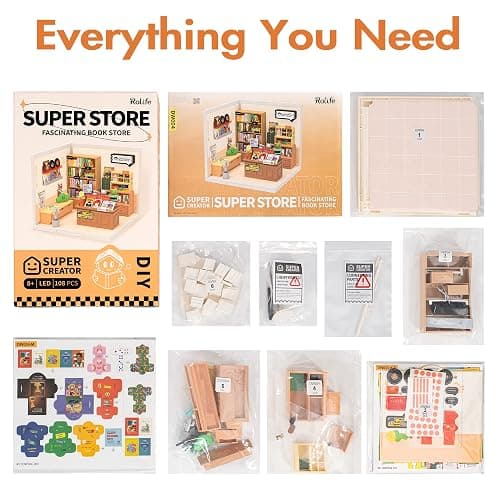 Rolife LED Building Blocks for Adults,1:24 Toy Building Sets,Model Building Kits for Kids Ages 8-12-15,DIY Miniature Dollhouse Kits for Adults,Hobbies for Women Men (3.Fascinating Book Store) thumbnail 6