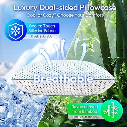 Adjustable Cooling Gel Memory Foam Pillows Queen Size for Sleeping 1 Pack,Firm Thick Bamboo Rayon Shredded Foam Bed Pillows for Side, Back, Stomach Sleepers Washable Breathable Pillowcase,College Dorm - White - Queen (Pack of 1) thumbnail 2