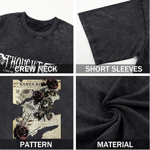 Lubpow Mens Acid Wash Tshirt Oversized Vintage Graphic T-Shirts Cool Grunge Rose Floral Shirt Trendy Y2K Streetwear Tee Tops thumbnail 7
