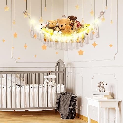 CERETIA Stuffed Animal Hammock with LED Light, Large Stuffed Animals Storage Corner Plushie Net for Kids Room Decor, White thumbnail 2