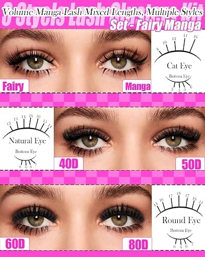 YIDUO Lash Clusters Kit 1400PCS Manga Wet Look Soft Thin Lashes 40D 50D 60D 80D 9-16mm Continuous Length D Curl Individual Lashes with Fairy Manga Bottom Lashes Full DIY Lash Tools Set for Beginner thumbnail 6