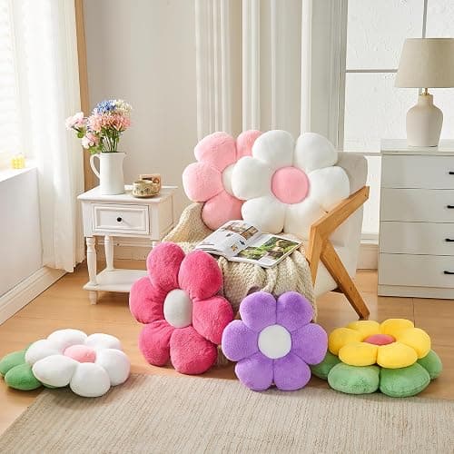 Mepherl Green Flower Pillow, Soft Daisy Shaped Throw Pillows with Faux Rabbit Fur for Home Decorative,Cute Flower Throw Pillow Cushion for Bed Sofa Couch (Small - 15.7 Inch) thumbnail 4