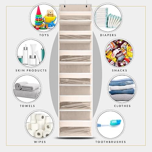 HOMELUX THEORY 1 PC Heavy Duty Over the Door Organizer 55x14x6.7, 6 Large Front & 12 Side Pockets, Hanging Storage Closet Door Organizer for Bedroom, Bathroom and Baby Nursery Storage (Ivory) - 1 set - Ivory thumbnail 7