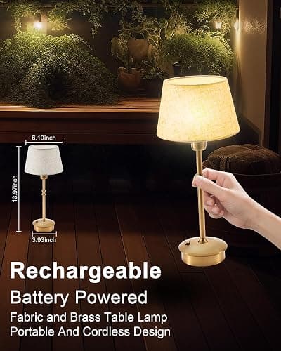 UMEXUS 2 Pack Small Cordless Rechargeable Table Lamp, Battery Operated Lamp | 3 Level Brightness Dimmable, Portable Accent Light for End Table Restaurant Dining Outdoor, Beige Fabric Shade, Antique Brass thumbnail 4