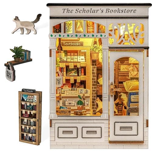 Fsolis Book Nook Kit - DIY Miniature Dollhouse Kit 3D Puzzles for Adults Tiny House Mini Booknook Craft Bookshelf Decor, 168 Wooden Pieces, Gifts for Women Book Lovers(The Scholar's Bookstore) - Image 1